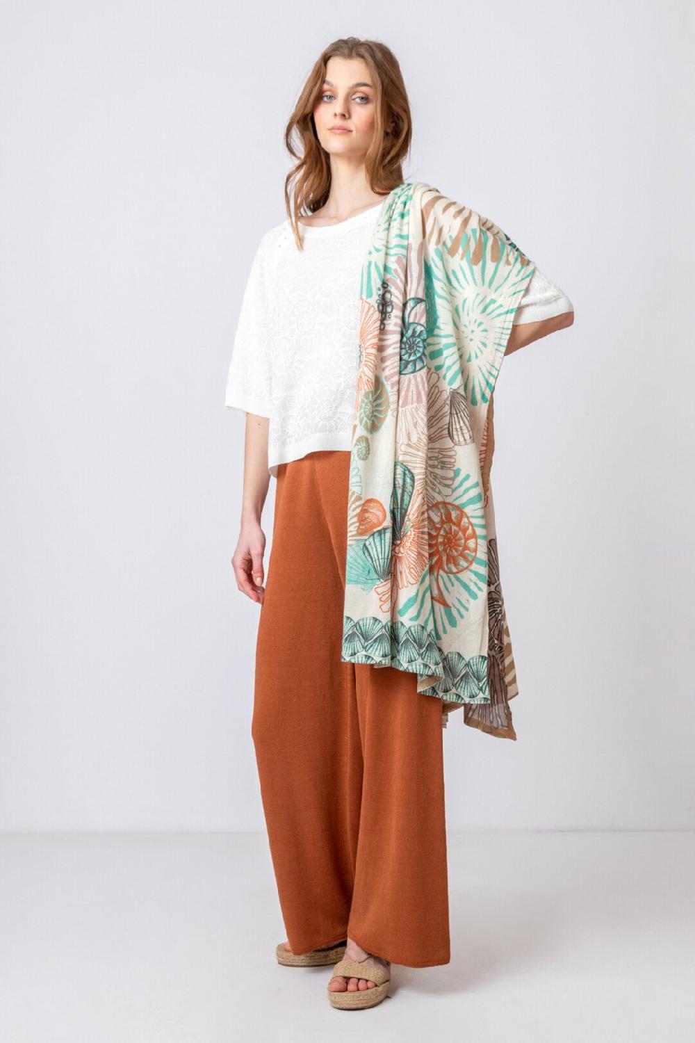 Ivko Woman Printed Shawl Sea Shell Motif Off-White