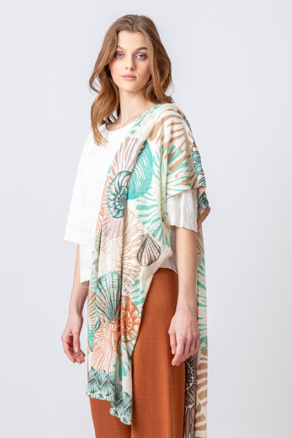Ivko Woman Printed Shawl Sea Shell Motif Off-White