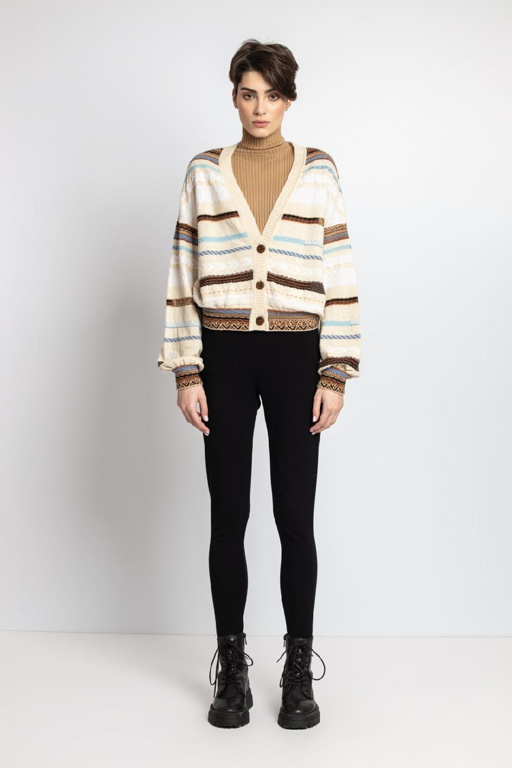 Ivko Woman Stripe Cardigan V-Neck Almond