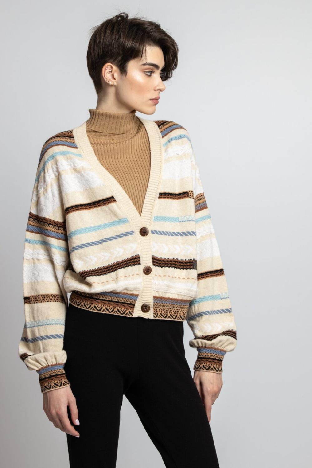 Ivko Woman Stripe Cardigan V-Neck Almond