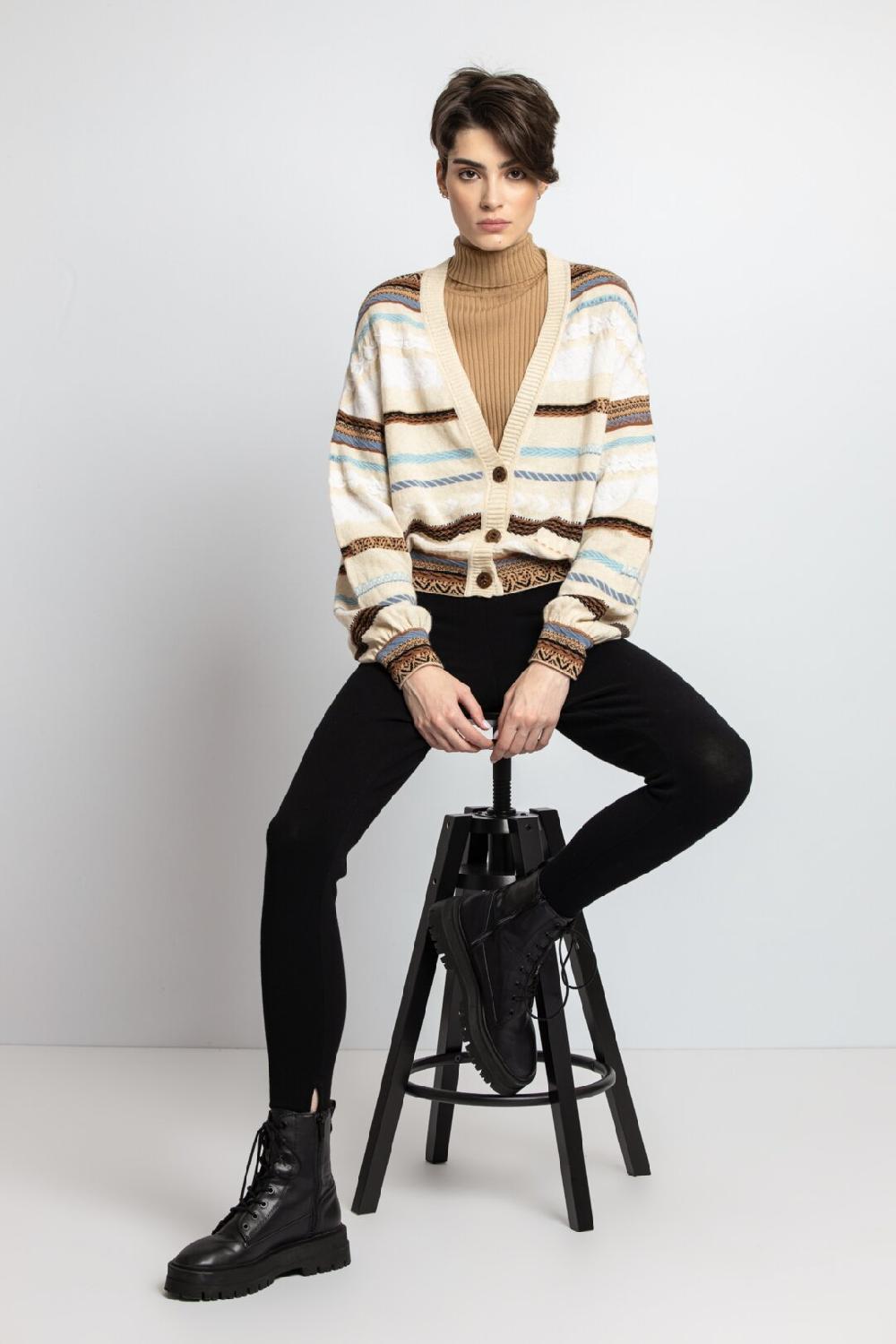 ivko woman Stripe Cardigan V-Neck Almond