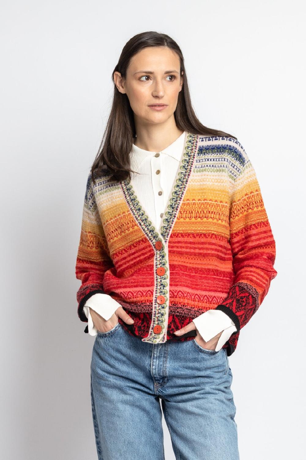 Ivko Woman Stripped Cardigan Ornament Pattern Red