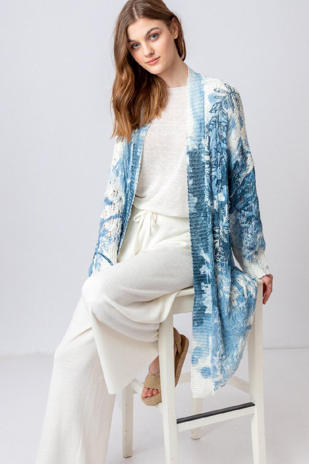 ivko woman V Collar Coatigan Herba Motif StoneBlue