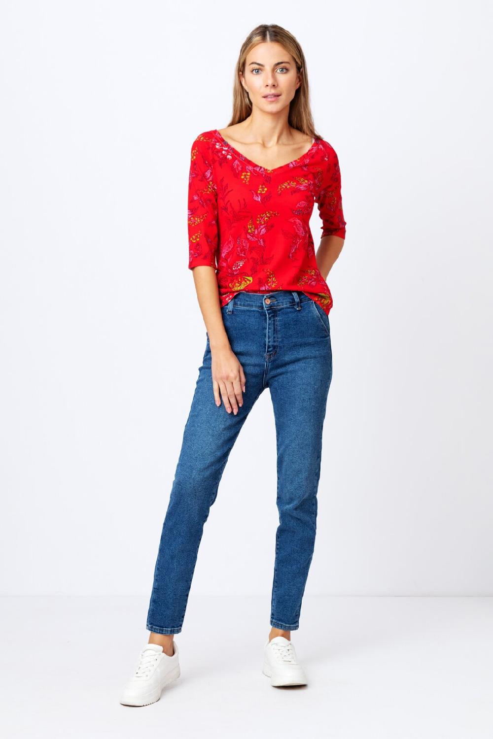 Ivko Woman V Neck Pullover Floral Motif Red