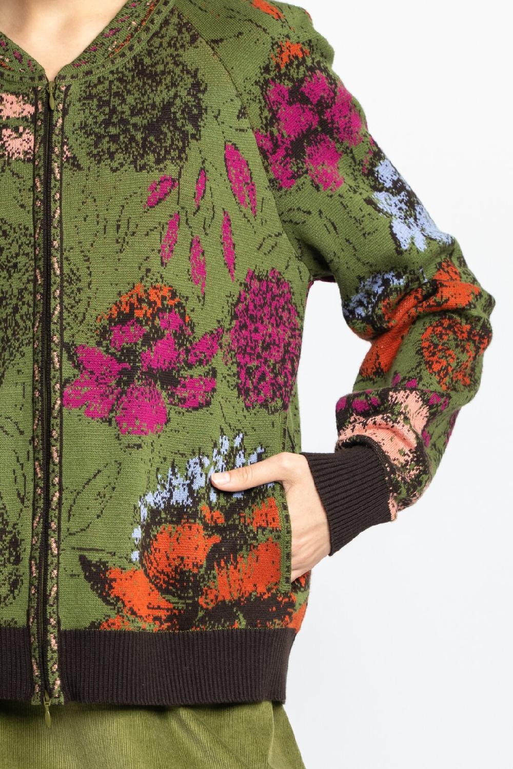 Ivko Woman Jacquard Bomber Jacket Floral Pattern Forest