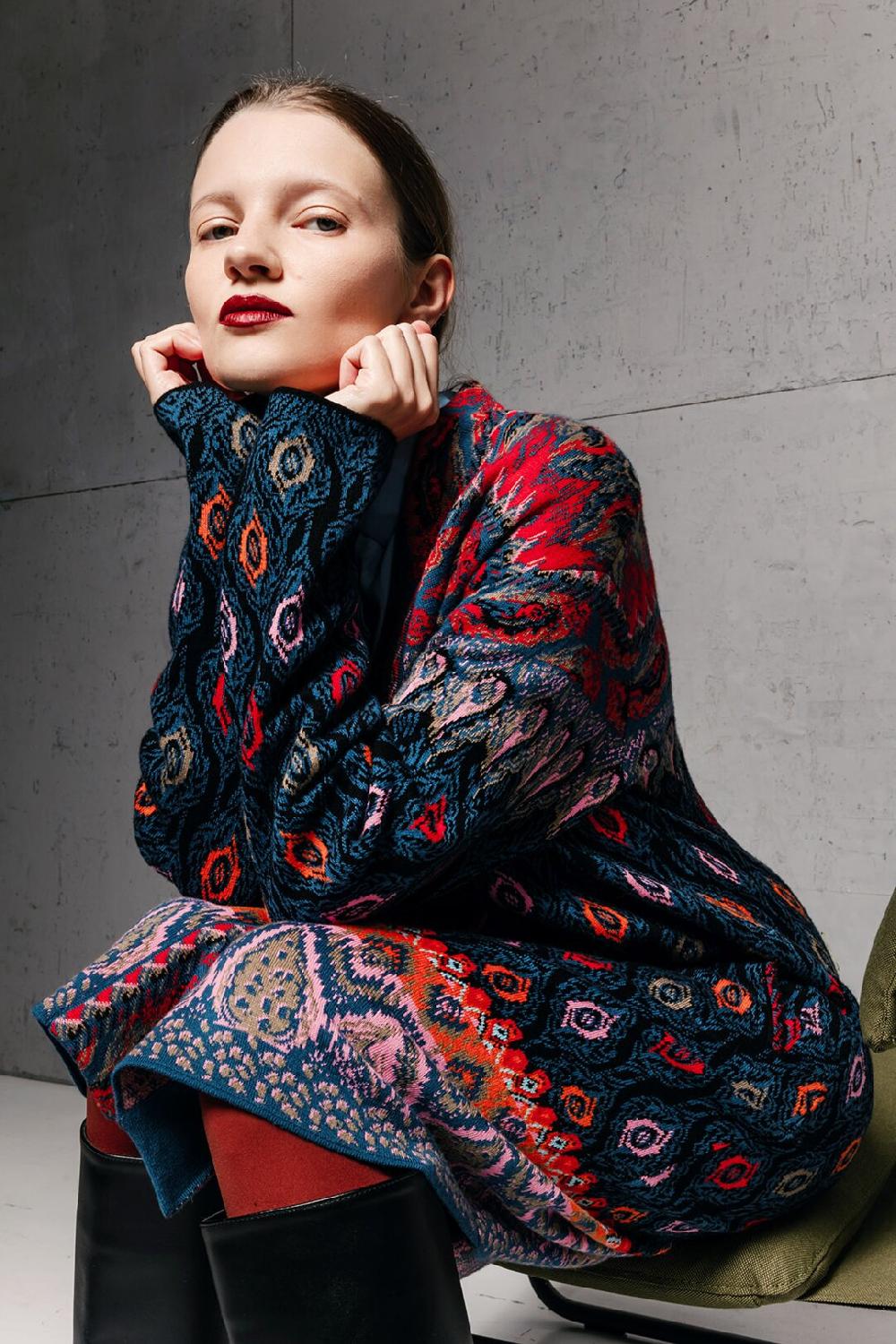 Ivko Woman Jacquard Coatigan Ornament Motif Blue-gray