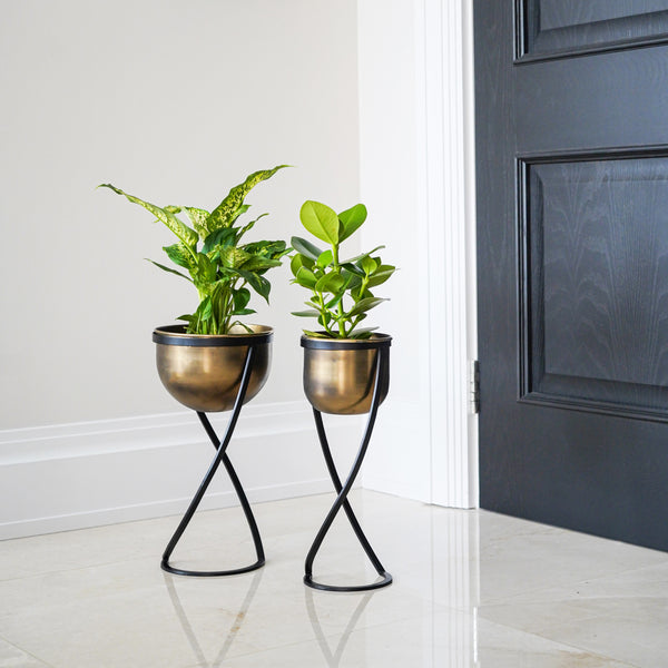 ivyline Indoor Kensington Brass Metal Round Planter On Stand