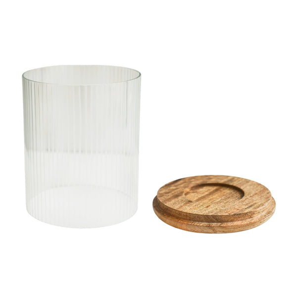 Ivyline Amelia Ribbed Glass Wooden Candle Holder