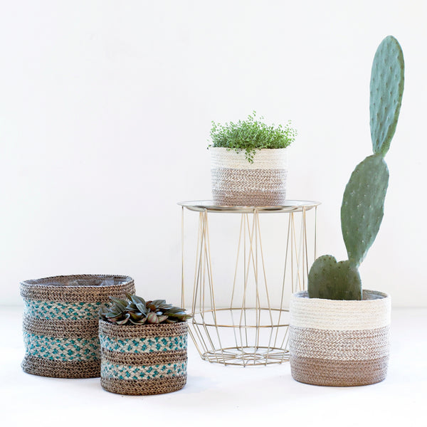 Ivyline Skalo Seagrass Lined Basket Aqua Set Of 3