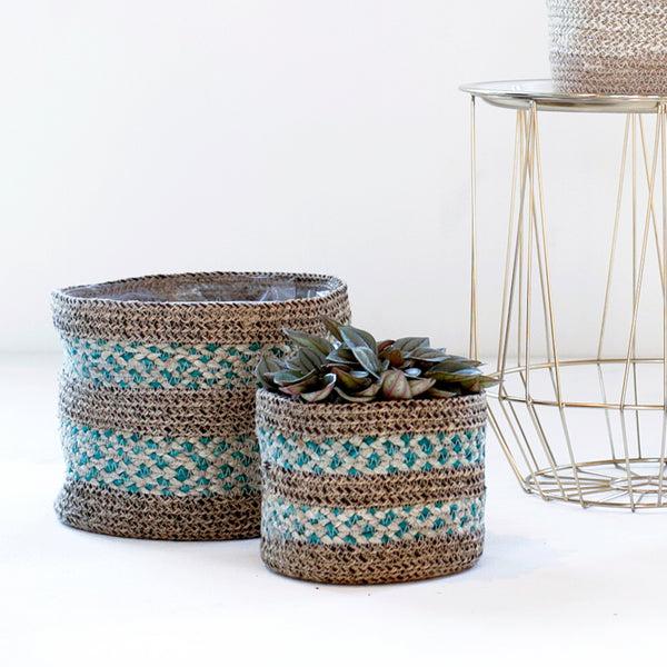 ivyline Skalo Seagrass Lined Basket Aqua Set of 3