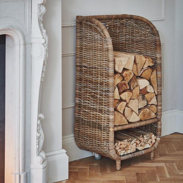 ivyline Natural Rattan Log Trolley with Kindling Shelf