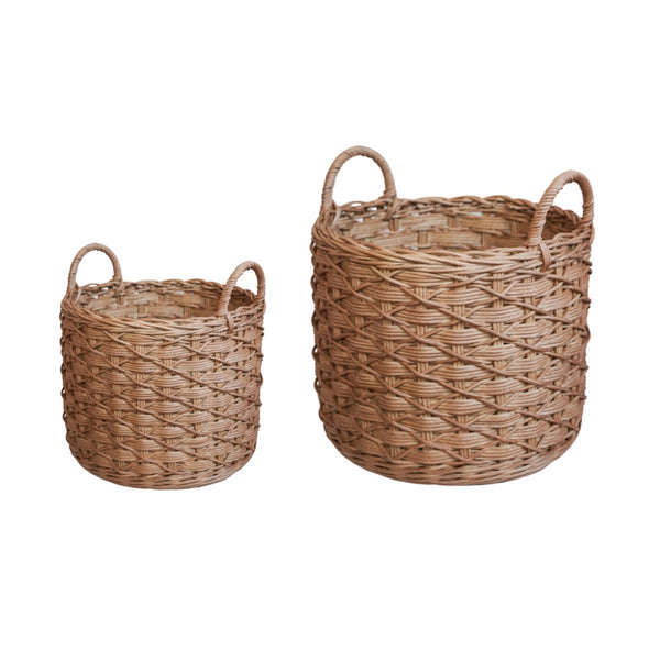 ivyline Woven Round Rattan Log Basket with Handles Set of 2
