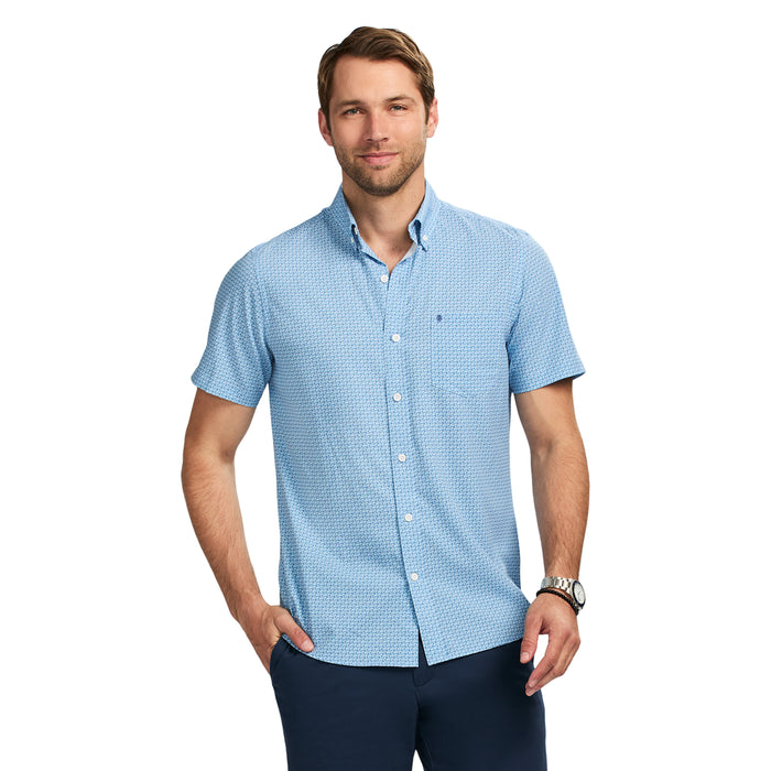 izod BREEZE SHORT SLEEVE PRINTED BUTTON DOWN SHIRT - PLACID BLUE