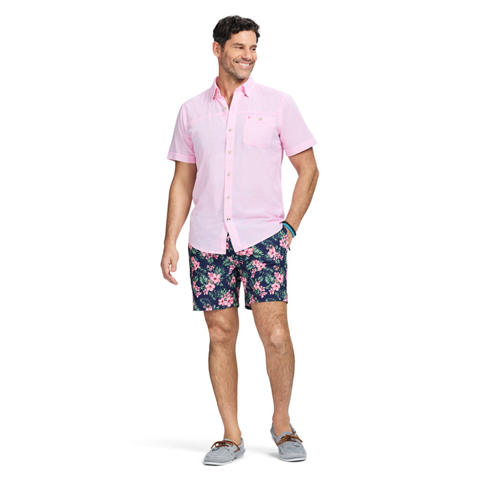 Izod DOCKSIDE SHORT SLEEVE CHAMBRAY SHIRT - PINK CARNATION