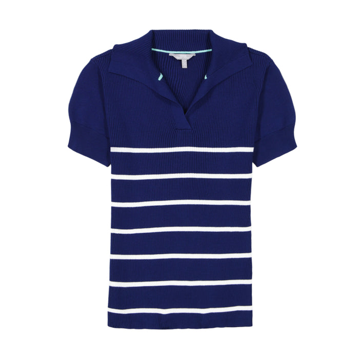 Izod JOANA PERFORMANCE STRETCH STRIPED SHORT SLEEVE SWEATER POLO - MEDIEVAL BLUE