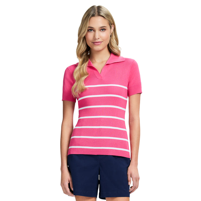 izod JOANA PERFORMANCE STRETCH STRIPED SHORT SLEEVE SWEATER POLO - HOT PINK