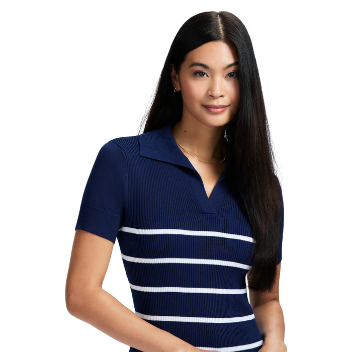 Izod JOANA PERFORMANCE STRETCH STRIPED SHORT SLEEVE SWEATER POLO - MEDIEVAL BLUE