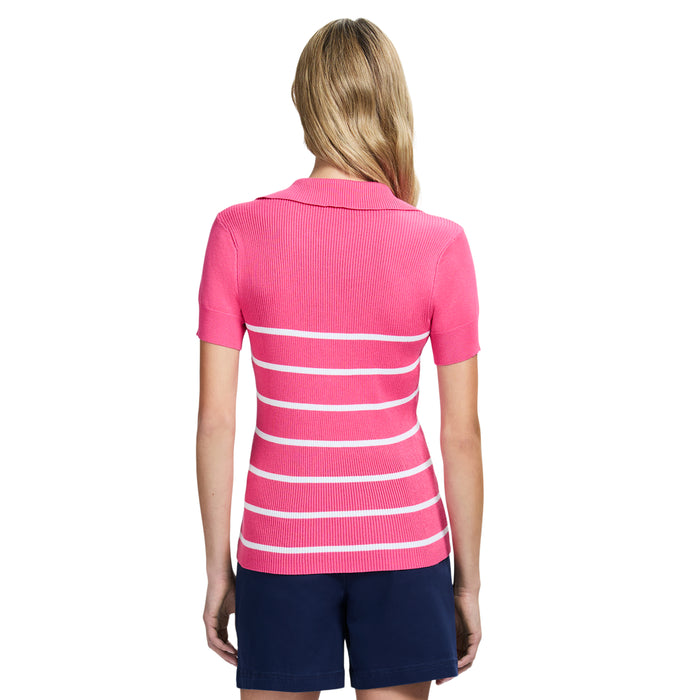 Izod JOANA PERFORMANCE STRETCH STRIPED SHORT SLEEVE SWEATER POLO - HOT PINK