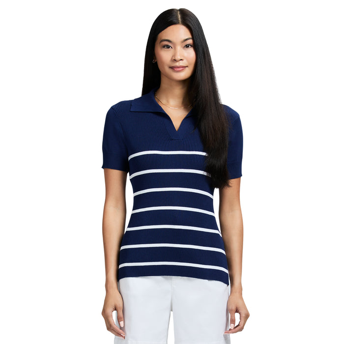izod JOANA PERFORMANCE STRETCH STRIPED SHORT SLEEVE SWEATER POLO - MEDIEVAL BLUE
