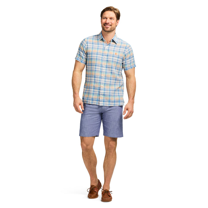 Izod MADRAS PLAID SHORT SLEEVE BUTTON DOWN SHIRT - ALMOND CREAM