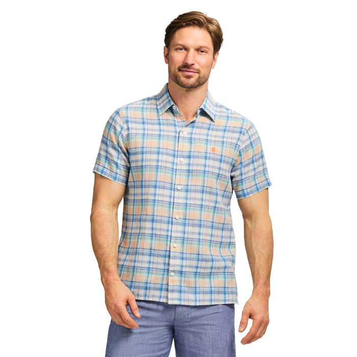 izod MADRAS PLAID SHORT SLEEVE BUTTON DOWN SHIRT - ALMOND CREAM