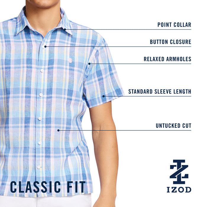 Izod MADRAS PLAID SHORT SLEEVE BUTTON DOWN SHIRT - CHAMBRAY BLUE
