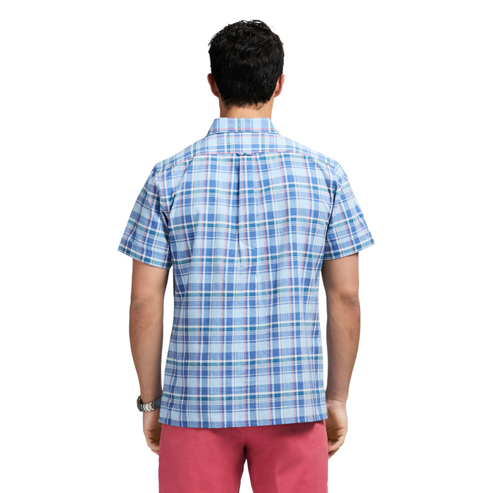 Izod MADRAS PLAID SHORT SLEEVE BUTTON DOWN SHIRT - CHAMBRAY BLUE