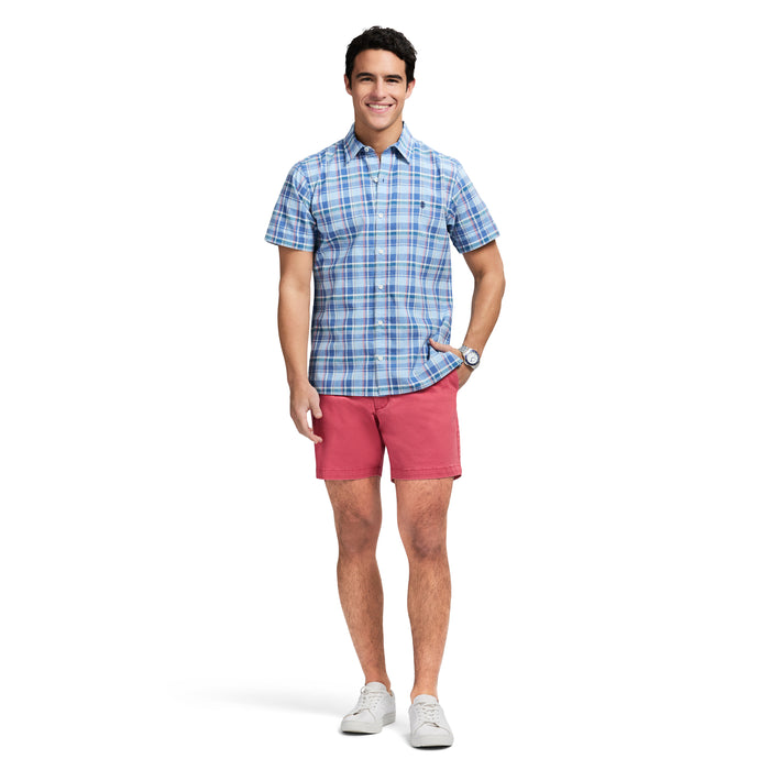 Izod MADRAS PLAID SHORT SLEEVE BUTTON DOWN SHIRT - CHAMBRAY BLUE