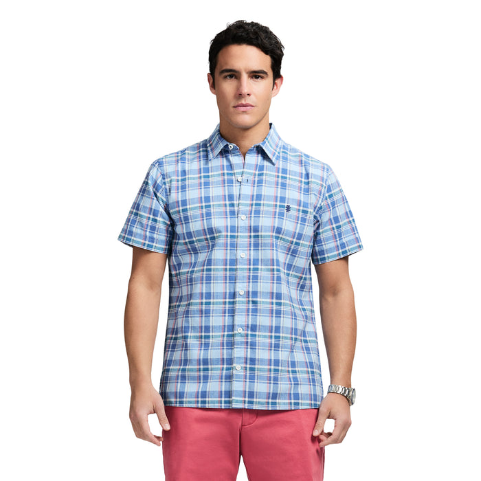 izod MADRAS PLAID SHORT SLEEVE BUTTON DOWN SHIRT - CHAMBRAY BLUE