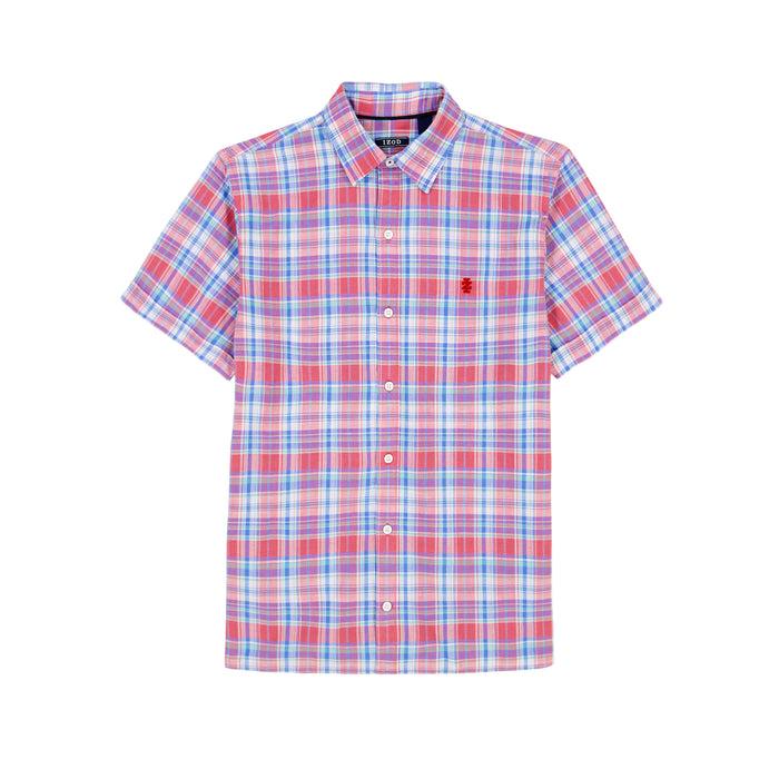 Izod MADRAS PLAID SHORT SLEEVE BUTTON DOWN SHIRT - HOLLY BERRY
