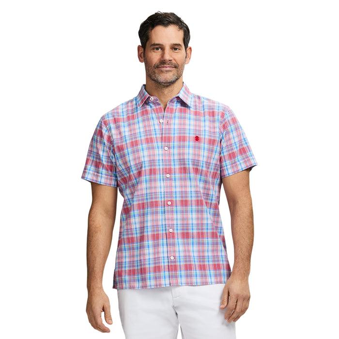 izod MADRAS PLAID SHORT SLEEVE BUTTON DOWN SHIRT - HOLLY BERRY