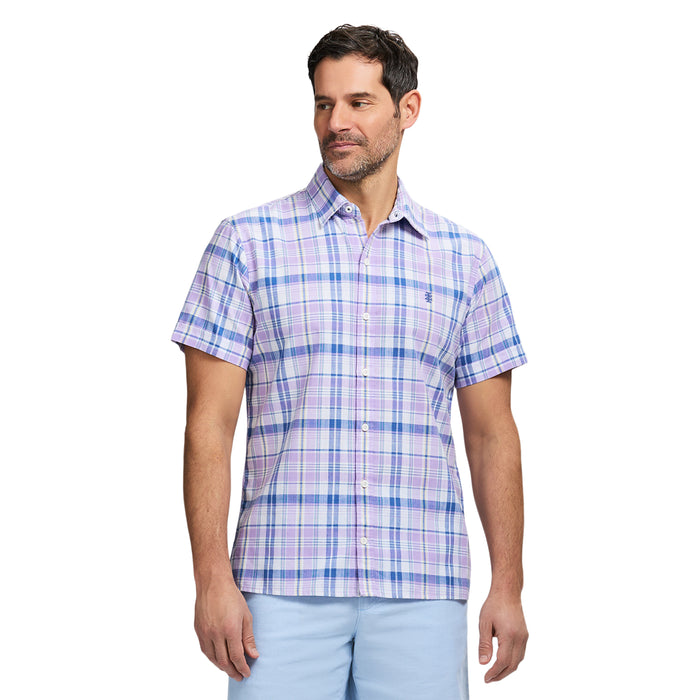 izod MADRAS PLAID SHORT SLEEVE BUTTON DOWN SHIRT - VIOLA
