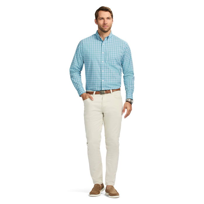 Izod PERFORMANCE COMFORT LONG SLEEVE PLAID BUTTON DOWN SHIRT - ADRIATIC BLUE