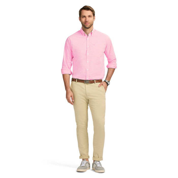 Izod PERFORMANCE COMFORT LONG SLEEVE PLAID BUTTON DOWN SHIRT - PINK CARNATION