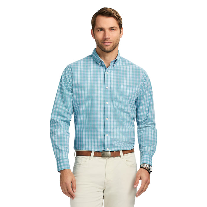 izod PERFORMANCE COMFORT LONG SLEEVE PLAID BUTTON DOWN SHIRT - ADRIATIC BLUE