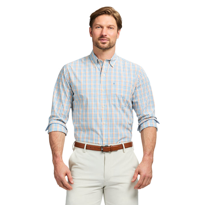 izod PERFORMANCE COMFORT LONG SLEEVE PLAID BUTTON DOWN SHIRT - ALMOND CREAM