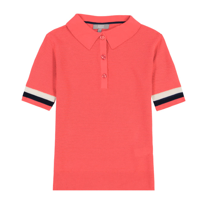 Izod RAQUEL SHORT-SLEEVE POINTELLE SWEATER POLO - CAYENNE