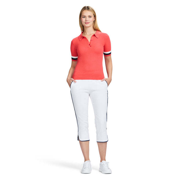 Izod RAQUEL SHORT-SLEEVE POINTELLE SWEATER POLO - CAYENNE