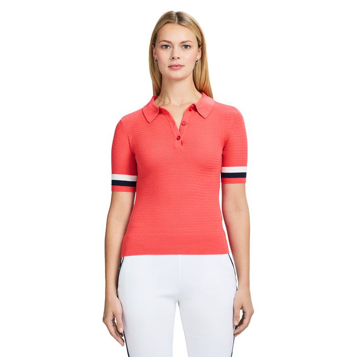 izod RAQUEL SHORT-SLEEVE POINTELLE SWEATER POLO - CAYENNE