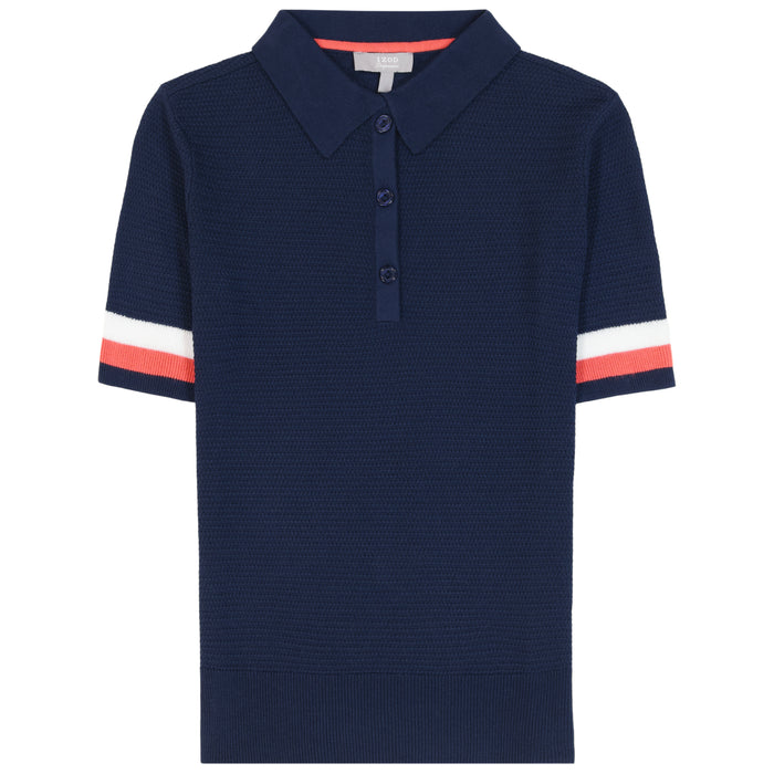 Izod RAQUEL SHORT-SLEEVE POINTELLE SWEATER POLO - MEDIEVAL BLUE