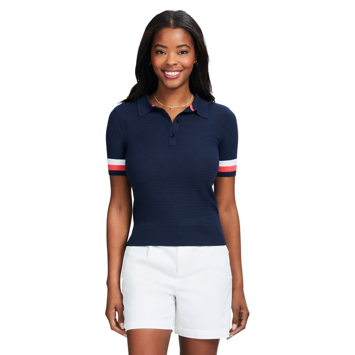 izod RAQUEL SHORT-SLEEVE POINTELLE SWEATER POLO - MEDIEVAL BLUE