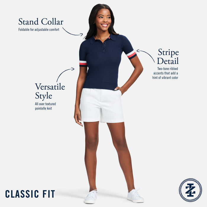 Izod RAQUEL SHORT-SLEEVE POINTELLE SWEATER POLO - MEDIEVAL BLUE