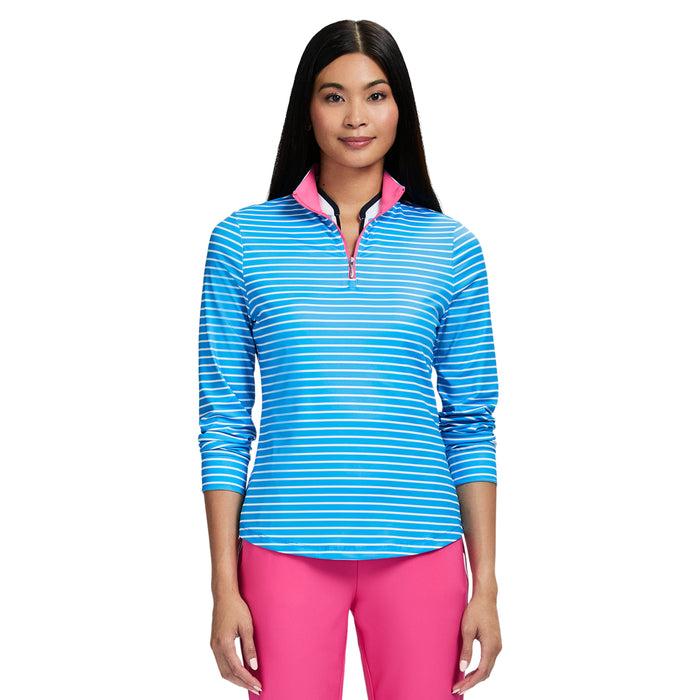 izod ZABRINA PERFORMANCE STRETCH LONG SLEEVE STRIPED ZIP PULLOVER - AZURE BLUE