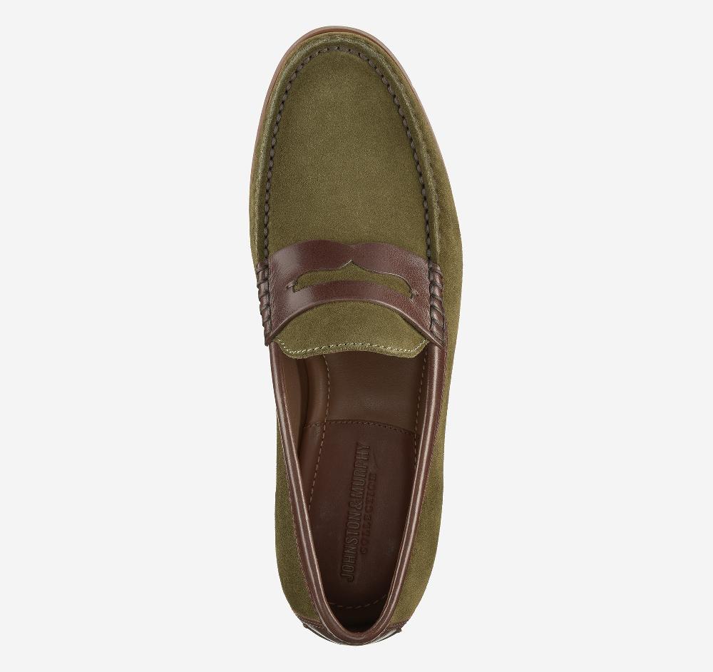 Johnston & Murphy Baldwin Penny Loafer Olive Waxed English Suede/Brown Full Grain Leather
