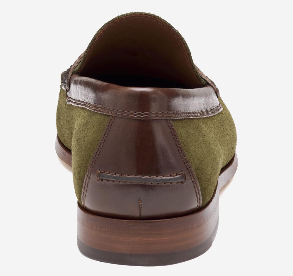 Johnston & Murphy Baldwin Penny Loafer Olive Waxed English Suede/Brown Full Grain Leather
