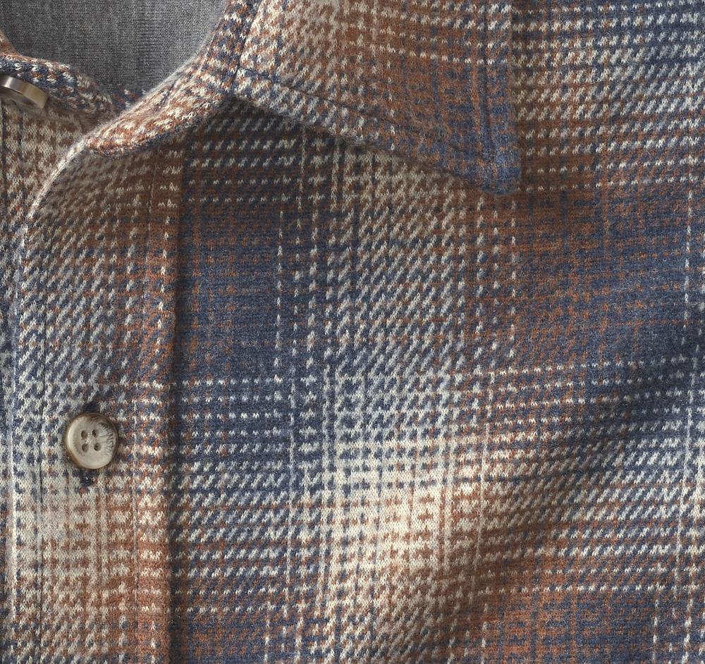Johnston & Murphy Brushed Button-Front Knit Shirt Rust/Navy Variegated Plaid
