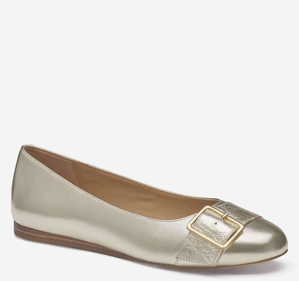 Johnston & Murphy Claire Belted Flat Gold Metallic Sheepskin/Italian Crinkled Sheepskin