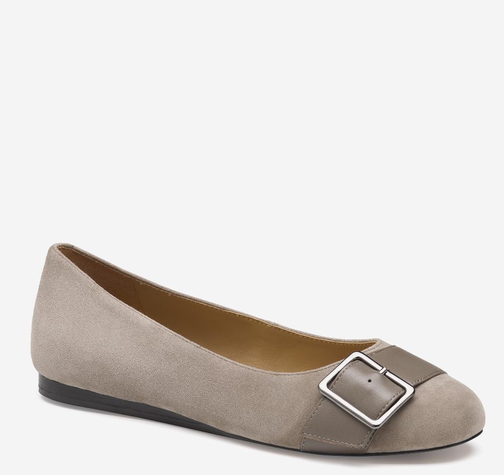 Johnston & Murphy Claire Belted Flat Taupe Kid Suede/Glove Leather