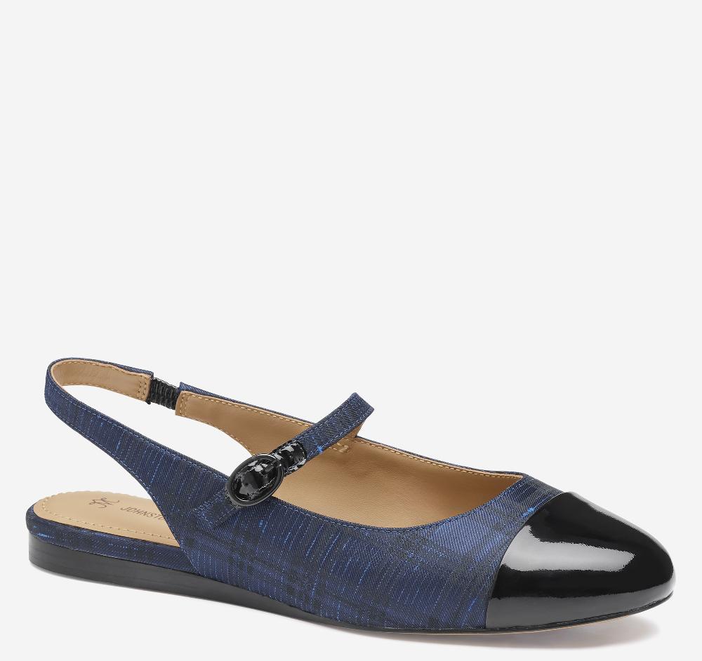 Johnston & Murphy Claire Mary Jane Slingback Navy Italian Plaid Fabric/Black Patent Leather