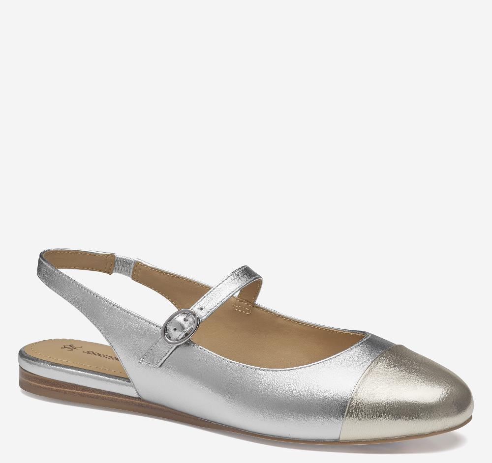 Johnston & Murphy Claire Mary Jane Slingback Silver/Gold Metallic Sheepskin